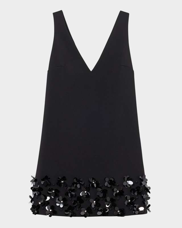 Black Crepe 3D Sequined Mini Dress